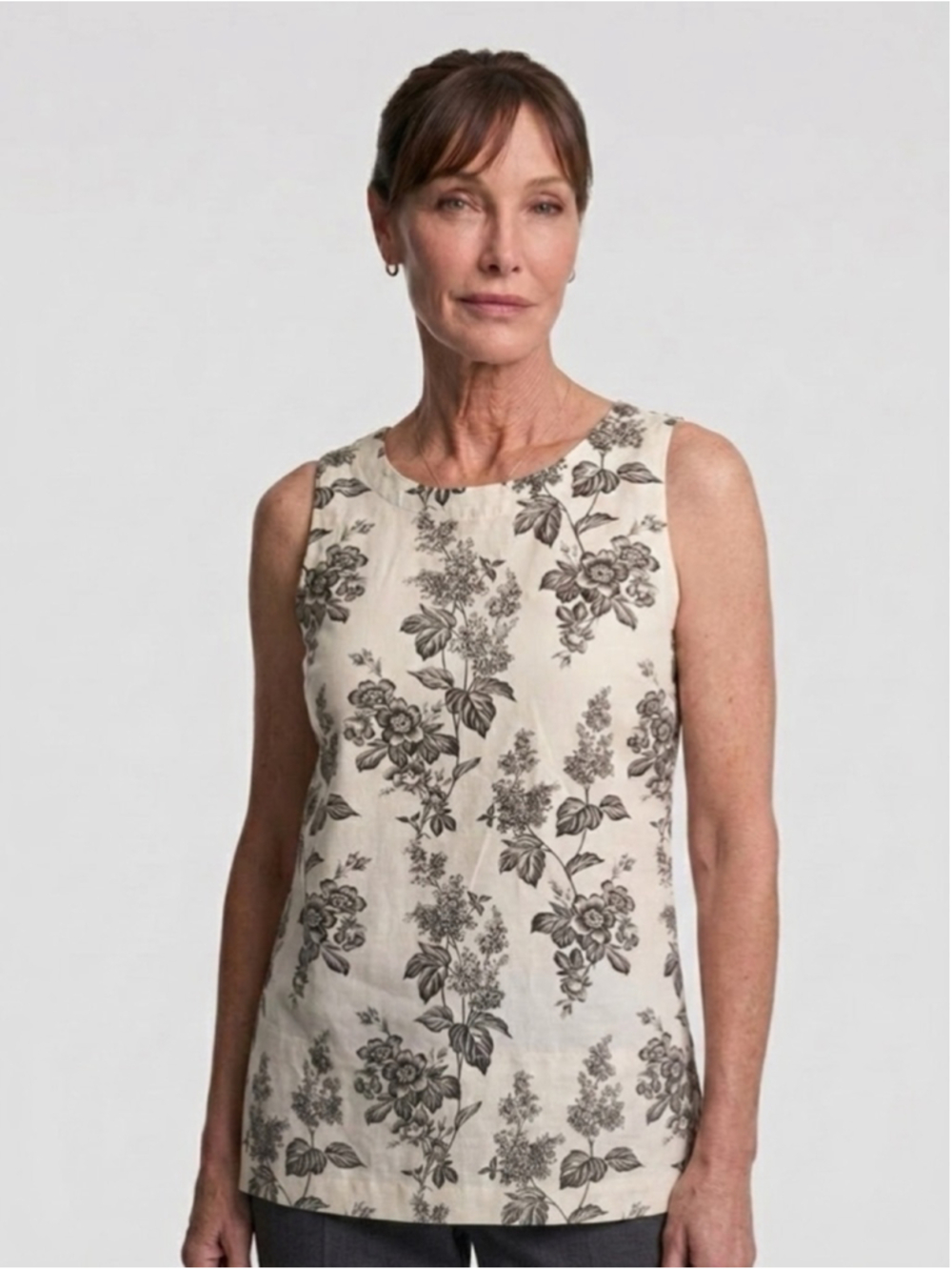 Liz Claiborne Linen Blend Floral Toile Sleeveless Blouse Shirt Small Tall ST
